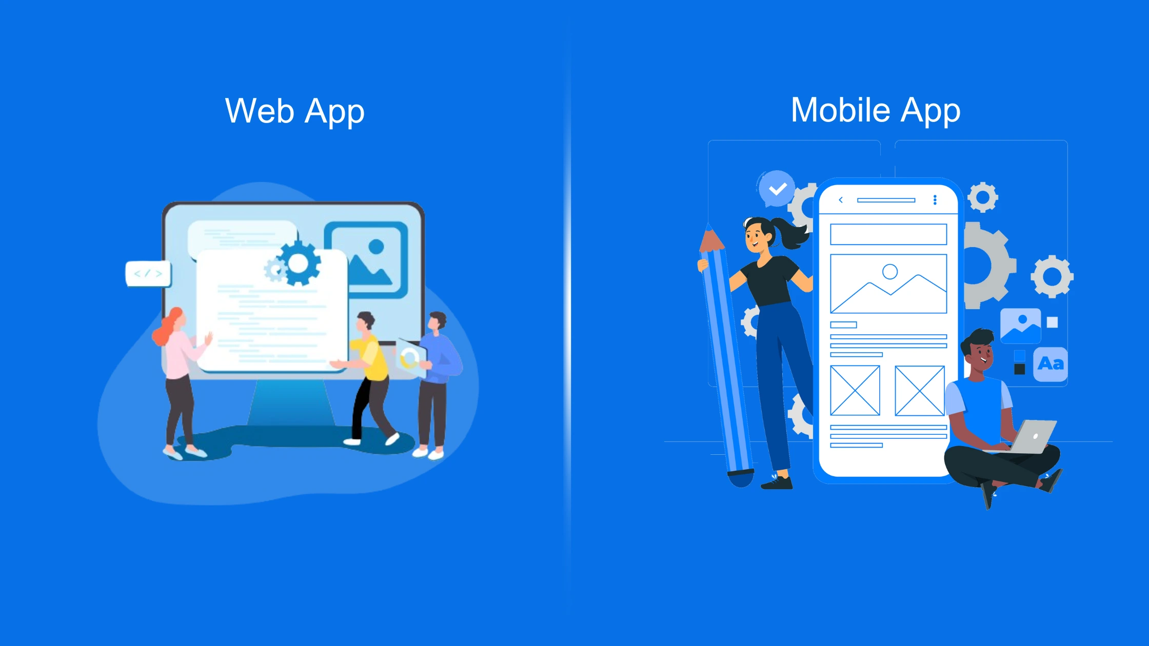 Jenex Technovation Pvt Ltd – Embedded & IoT Solutions Company Illustration showing web app development on a desktop monitor and mobile app development on a smartphone, with developers collaborating and design elements.