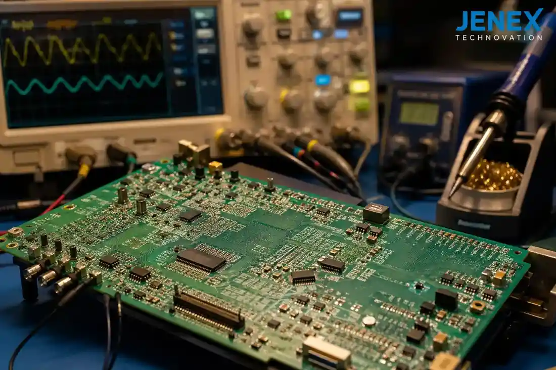 Jenex Technovation engineering lab performing signal integrity testing on a custom multilayer PCB using an oscilloscope. 2026 Cost of IoT Development in the USA